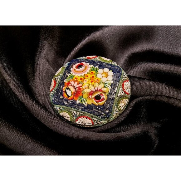 Vintage Micro Mosaic Italy Signed Floral Flowers Brooch - Picture 1 of 5